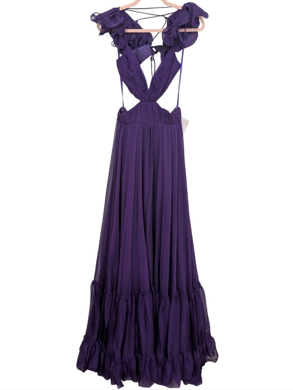 Mac Duggal 70254 Purple Ruched Ruffled Shoulder Cut Out Lace Up Gown 4 NWT Prom - Picture 8 of 13